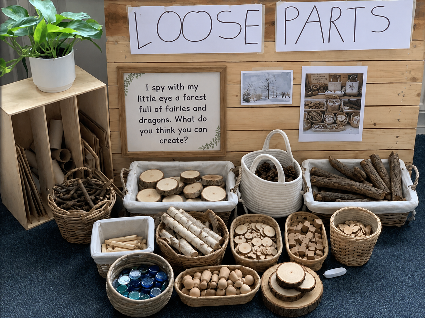 A redesigned loose-parts area, photographed before and after